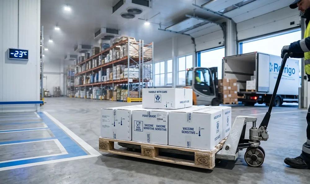 Palletized, temperature-sensitive pharmaceutical and food-grade cartons staged on a pallet jack inside a sub-zero cold store, with a refrigerated truck at the loading dock beyond.